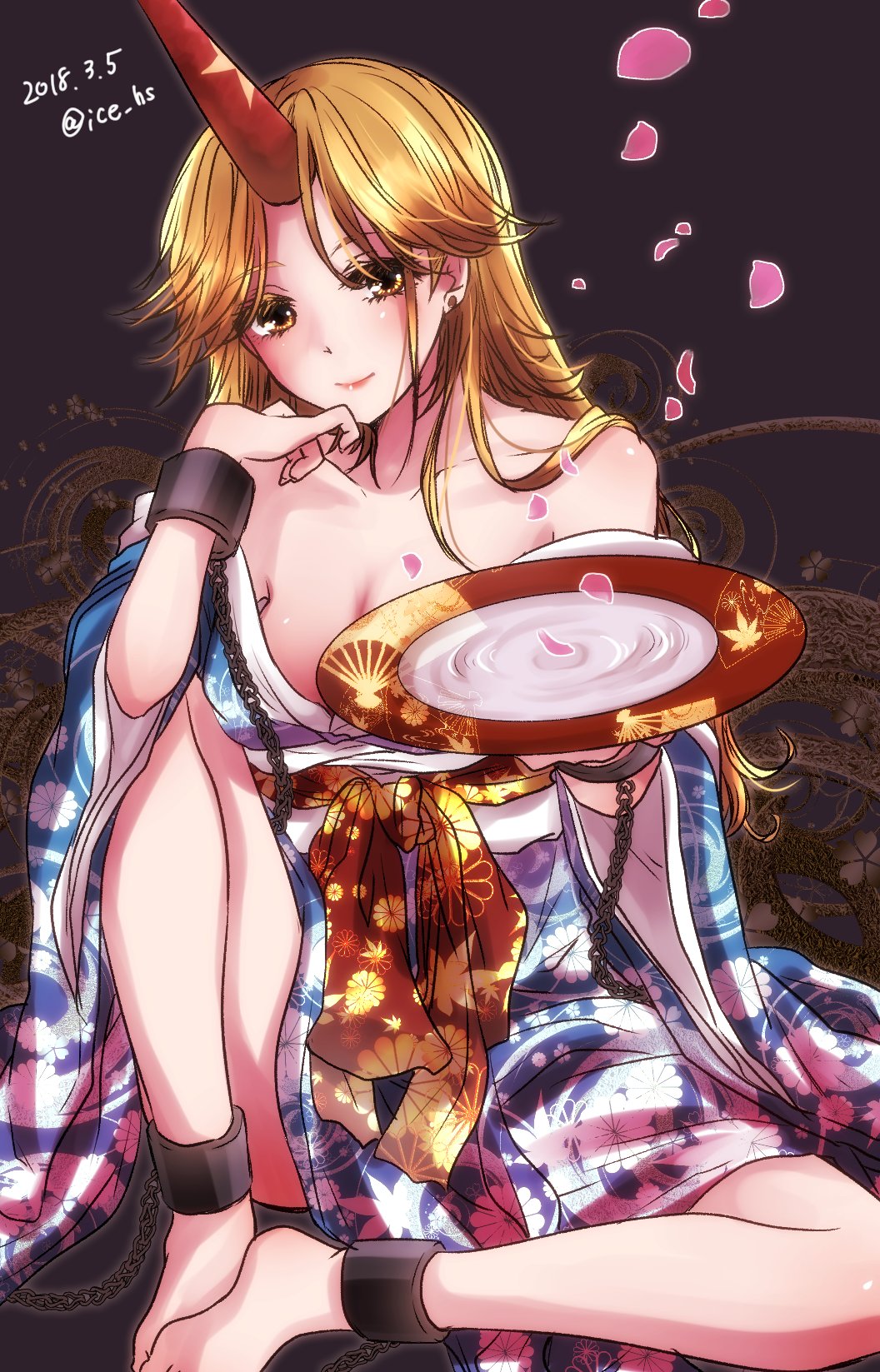 1girl 2018 alcohol ankle_cuffs bare_shoulders blonde_hair blue_kimono breasts chains cherry_blossoms cleavage collarbone commentary_request cuffs cup dated ear ear_piercing eyebrows_visible_through_hair eyelashes floral_print handcuffs highres holding holding_cup horn hoshiguma_yuugi hoshiguma_yuugi_(promo) ice_(aitsugai) japanese_clothes kimono knee_up lips long_hair looking_at_viewer obi petals piercing sakazuki sake sash sitting solo touhou twitter_username yellow_eyes