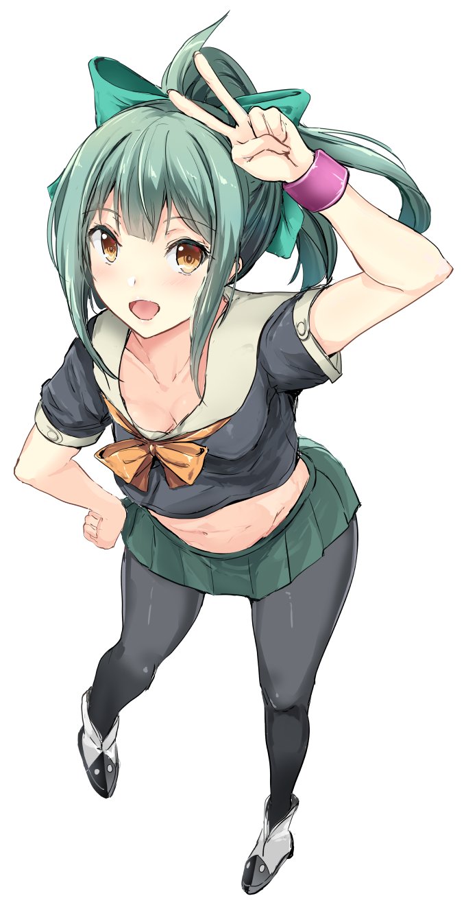 1girl blue_shirt blush bow breasts cleavage collarbone eyebrows_visible_through_hair from_above full_body gin'ichi_(akacia) green_bow green_hair green_skirt hair_bow highres kantai_collection long_hair looking_at_viewer midriff navel open_mouth orange_eyes pantyhose pleated_skirt ponytail sailor_collar shirt shoes short_sleeves sidelocks simple_background skirt small_breasts solo stomach v white_background white_footwear wristband yuubari_(kantai_collection)