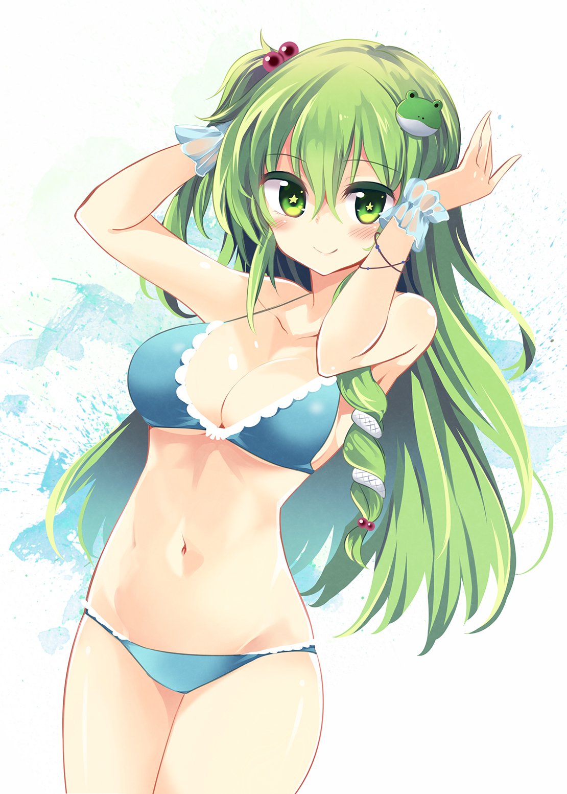 1girl bare_arms bare_shoulders bikini blue_bikini blush breasts cleavage collarbone commentary_request cowboy_shot eyebrows_visible_through_hair frog_hair_ornament green_eyes green_hair hair_between_eyes hair_bobbles hair_ornament hands_up highres kochiya_sanae long_hair looking_at_viewer maturiuta_sorato medium_breasts midriff navel see-through smile snake_hair_ornament solo standing star star-shaped_pupils swimsuit symbol-shaped_pupils touhou very_long_hair white_background wrist_cuffs