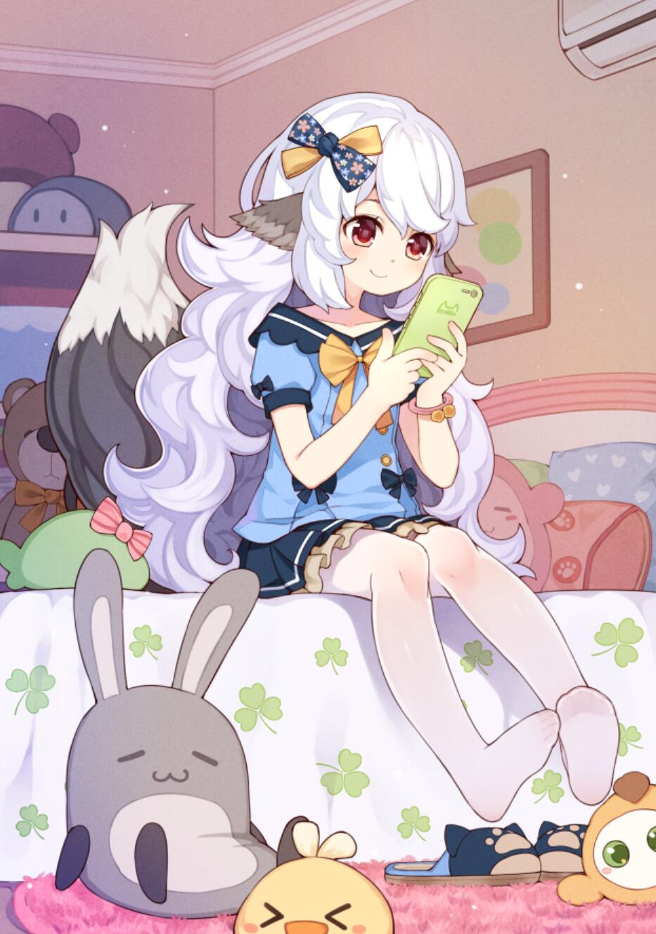 1girl animal_ears bangs bed big_hair blue_bow blue_shirt blue_skirt blush bow bowtie breasts cellphone closed_mouth collarbone curly_hair floral_print hair_between_eyes hair_bow heart heart_print highres holding holding_cellphone holding_phone indoors long_hair no_shoes on_bed original pantyhose phone pillow pleated_skirt print_bow print_pillow red_eyes shirt short_sleeves silver_hair sitting sitting_on_bed skirt slippers small_breasts smartphone smile solo stuffed_animal stuffed_bunny stuffed_toy tail teddy_bear tsubasa_tsubasa very_long_hair white_legwear yellow_bow yellow_neckwear