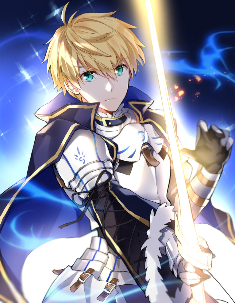 1boy aqua_eyes armor arthur_pendragon_(marchen_madchen) blonde_hair blue_background cape closed_mouth eyebrows_visible_through_hair fate/grand_order fate_(series) frown holding holding_sword holding_weapon looking_at_viewer pingo saber_(fate/prototype) short_hair solo sword upper_body weapon
