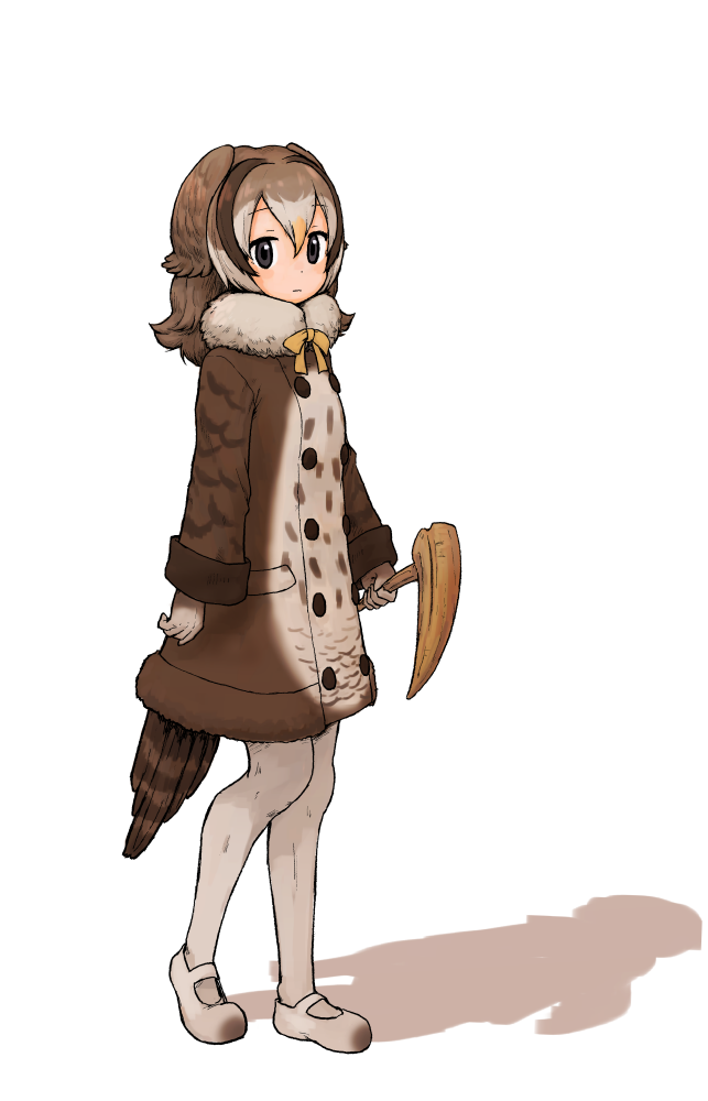 1girl bird_tail bird_wings brown_hair cane coat eyebrows_visible_through_hair fur_collar grey_hair head_wings kemono_friends kyuushuu_owl_(kemono_friends) long_hair multicolored_hair neck_ribbon pantyhose ribbon rumenia_(ao2is) solo wings