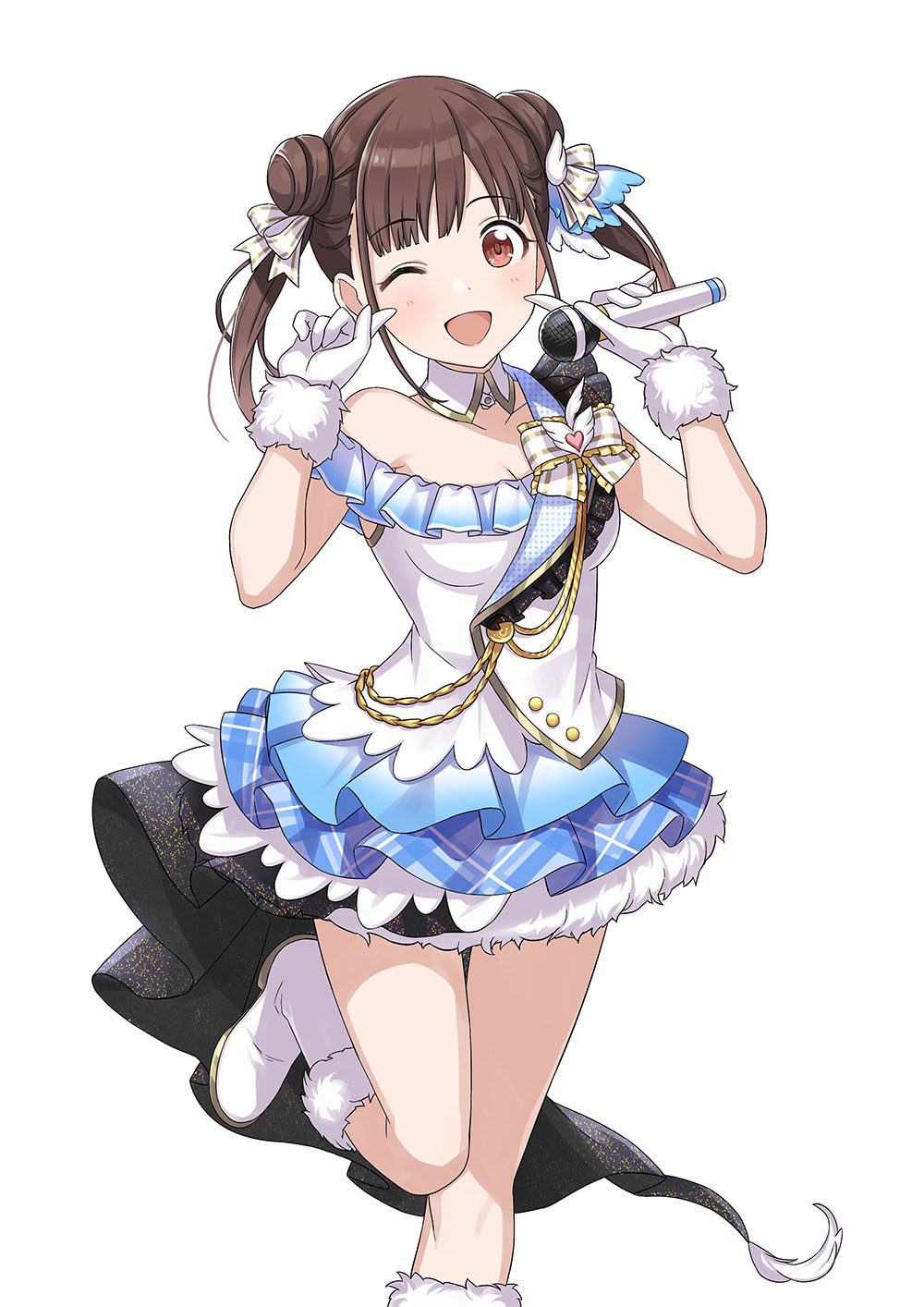 1girl blush brown_hair collar double_bun frills fur_trim gloves hair_ornament hair_ribbon heart highres idol_clothes idolmaster idolmaster_shiny_colors looking_at_viewer microphone miniskirt official_art one_eye_closed one_leg_raised open_mouth pointing pointing_at_self red_eyes ribbon shoes short_hair short_twintails skirt sleeveless smile solo sonoda_chiyoko star thighs twintails white_background white_footwear white_gloves wing_ornament