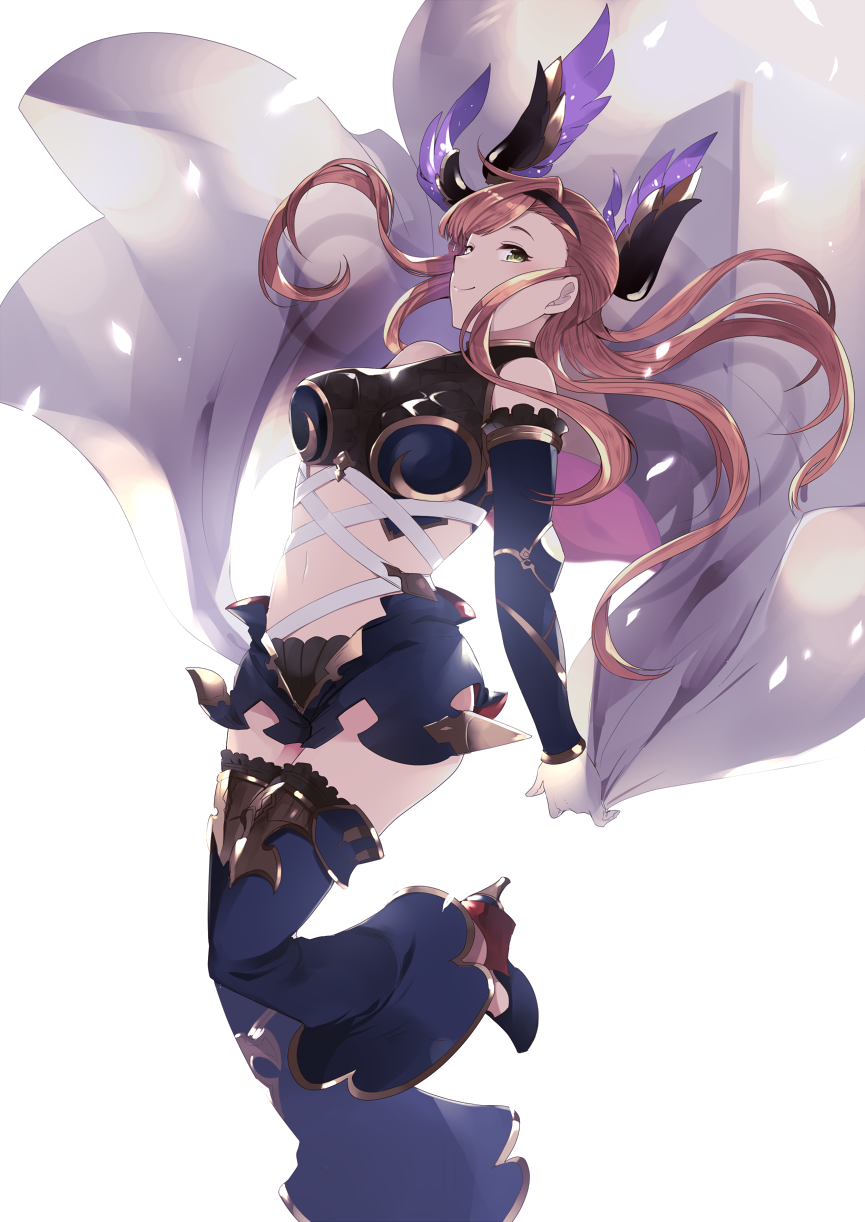 1girl asymmetrical_hair bare_shoulders brown_hair detached_pants detached_sleeves feathers gloves granblue_fantasy green_eyes hair_feathers hair_ornament hairband high_heels highres long_hair looking_at_viewer midriff miniskirt navel nozomu144 simple_background skirt smile solo song_(granblue_fantasy) white_background