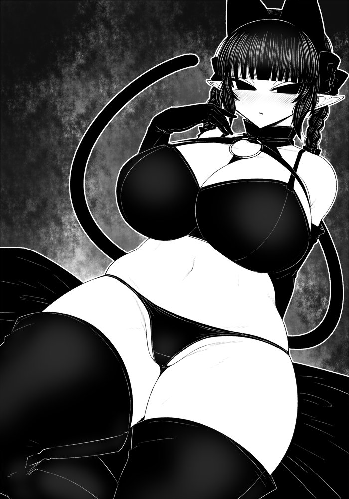 1girl animal_ears arm_behind_back bangs between_breasts blunt_bangs blush bow bra braid breasts cat_ears cat_tail cleavage elbow_gloves ginku_mh gloves groin hair_bow halter_top halterneck hand_up kaenbyou_rin long_hair multiple_tails navel no_nose o-ring_top outline panties pointy_ears sidelocks skindentation solo stomach tail thigh-highs touhou twin_braids two_tails underwear white_outline