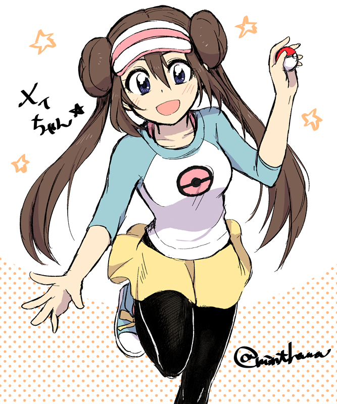 1girl blue_eyes breasts brown_hair commentary_request double_bun gensi holding holding_poke_ball legwear_under_shorts long_hair medium_breasts mei_(pokemon) pantyhose poke_ball pokemon pokemon_(game) pokemon_bw2 raglan_sleeves shorts solo twintails visor_cap