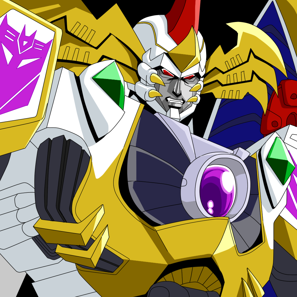 1boy black_background decepticon galvatron grinding horns hufuhao insignia looking_at_viewer no_humans red_eyes simple_background solo teeth transformers transformers_car_robots upper_body