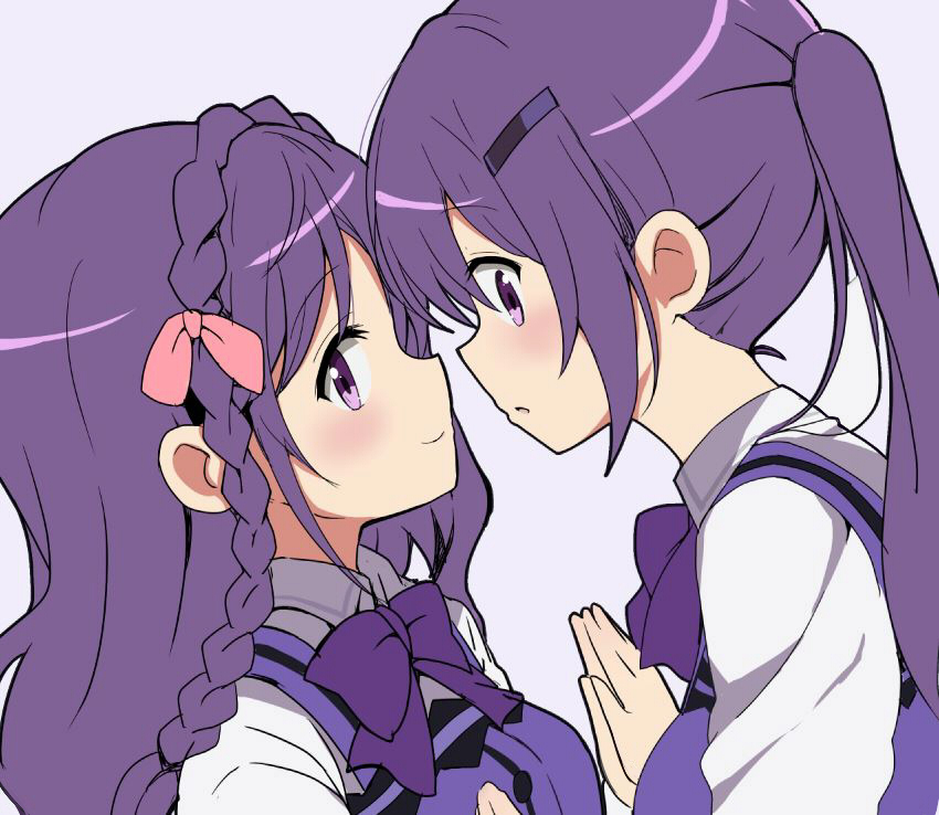 2girls bangs blush bow braid breasts character_request closed_mouth collared_shirt eyebrows_visible_through_hair from_side gochuumon_wa_usagi_desu_ka? hair_between_eyes hair_ornament hairclip hands_together itamochi long_hair long_sleeves looking_at_viewer looking_to_the_side medium_breasts multiple_girls profile purple_background purple_bow purple_hair purple_vest rabbit_house_uniform shirt sidelocks simple_background smile tedeza_rize twintails vest violet_eyes white_shirt