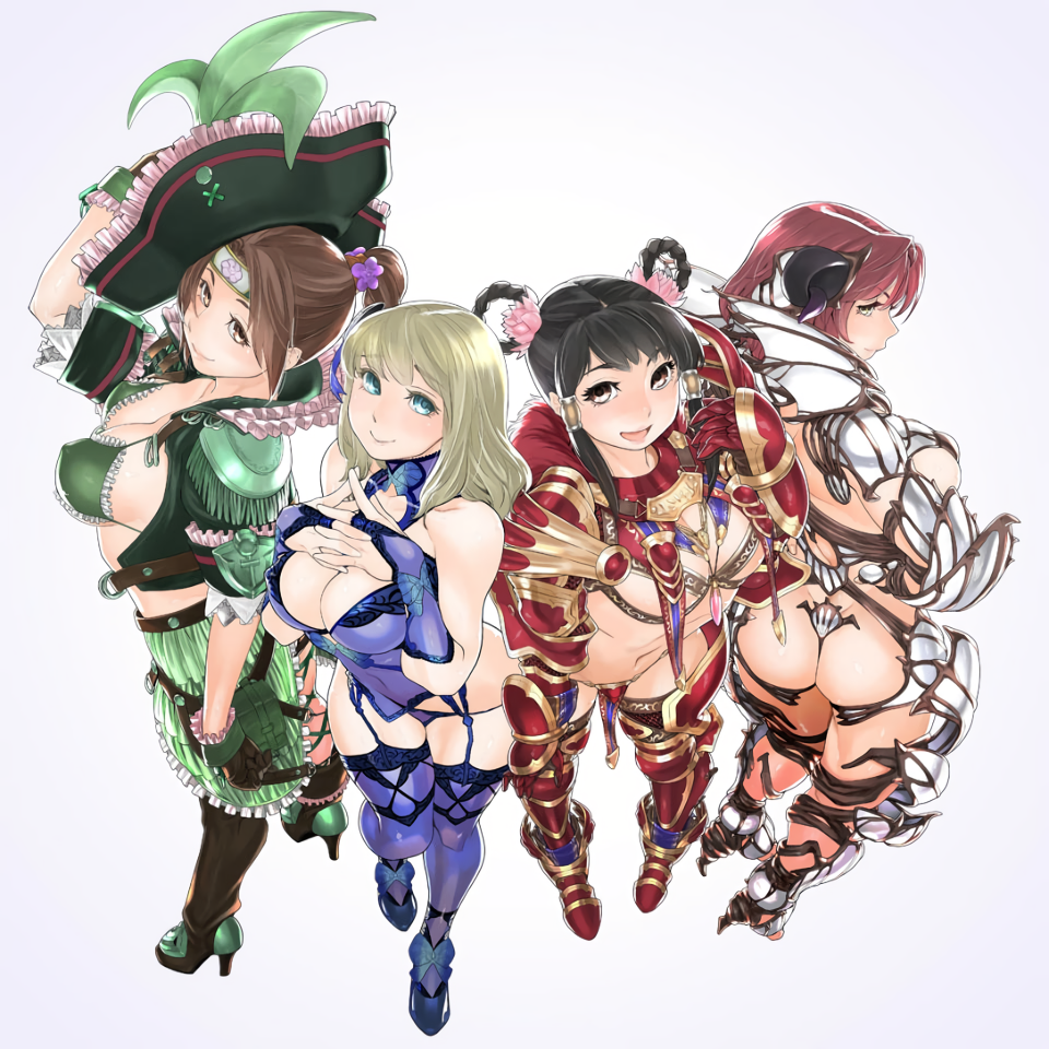 4girls aqua_eyes arm_up armor armored_boots ass bikini_top black_hair blonde_hair blue_legwear boots braid breasts bridal_gauntlets brown_eyes brown_hair chai_xianghua cleavage flower fringe garter_straps gauntlets hair_flower hair_ornament hands_together hat headband high_heels hildegard_von_krone interlocked_fingers large_breasts long_hair looking_at_viewer medium_breasts multiple_girls navel official_art open_mouth ponytail profile pyrrha_alexandra redhead revealing_clothes seong_mi-na short_hair sidelocks smile soul_calibur standing thigh-highs twin_braids yamatogawa yellow_eyes