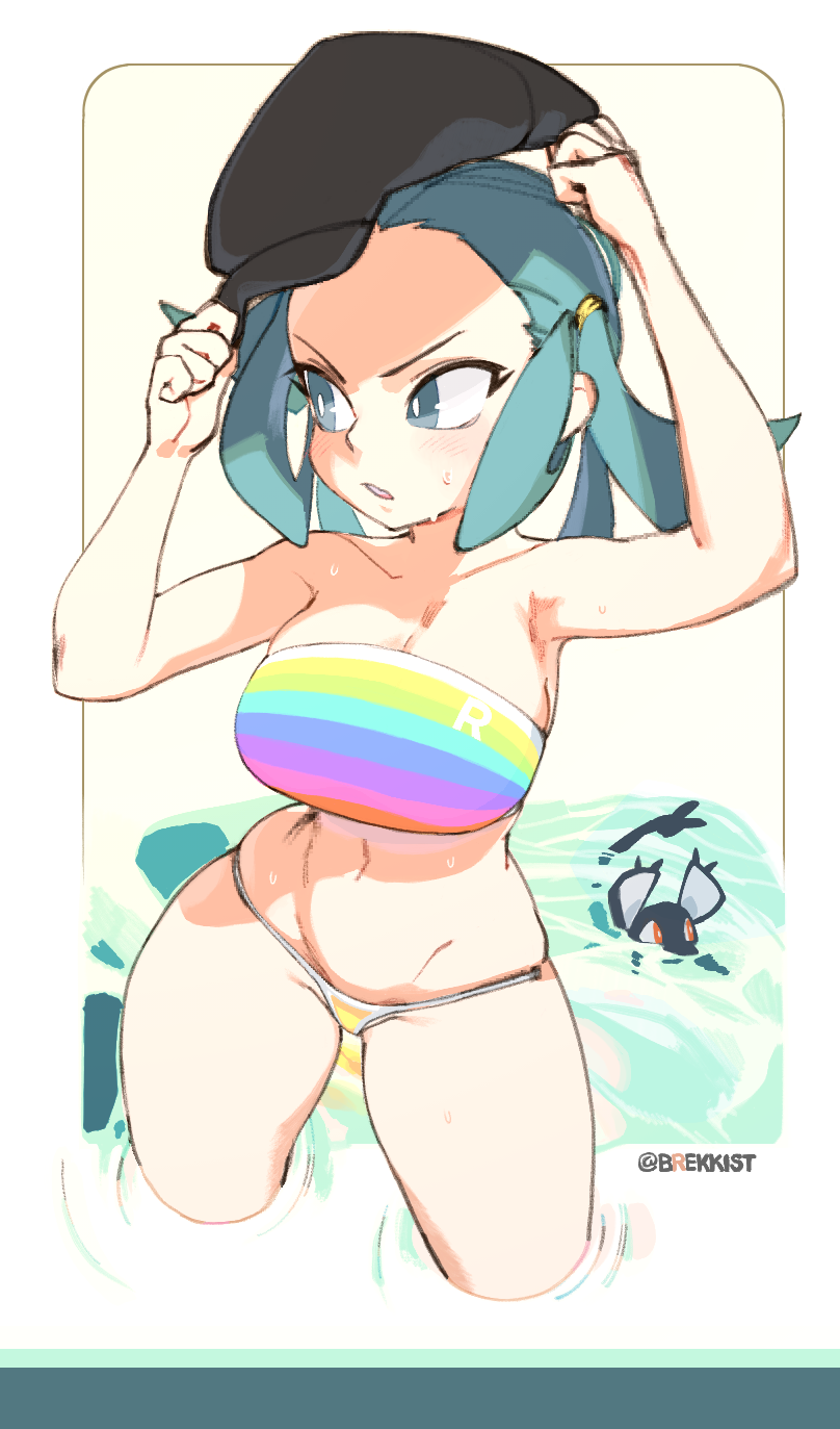 1girl adjusting_hair alolan_rattata alternate_costume arms_up artist_name bare_arms beach bikini blue_eyes blue_hair blush breasts brekkist cabbie_hat cleavage hat highres large_breasts looking_to_the_side navel npc panties parted_lips partially_submerged pokemon pokemon_(game) pokemon_usum short_twintails sideboob solo standing swimsuit team_rainbow_rocket_grunt team_rocket twintails underwear water wet