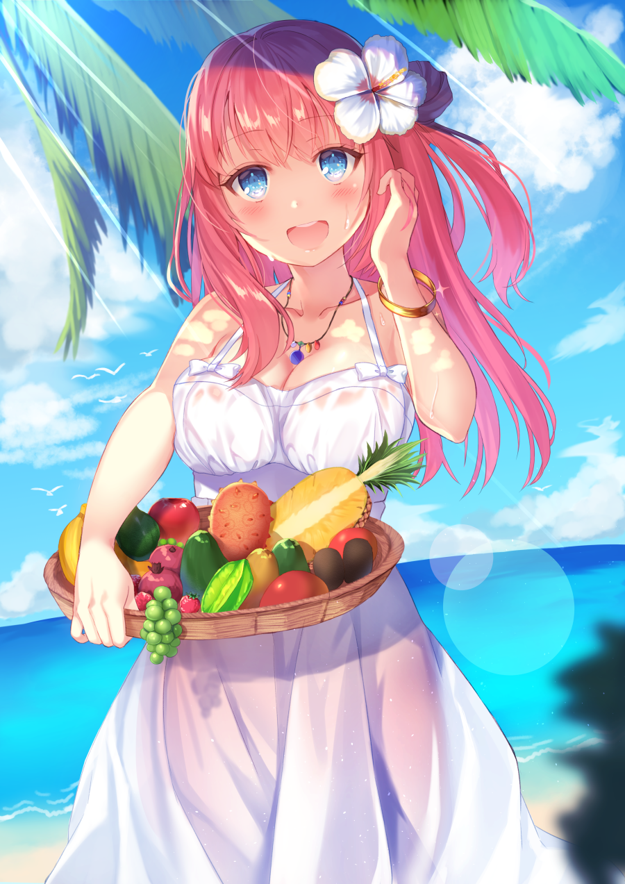 1girl :d apple banana bangs bare_shoulders basket blue_eyes blue_sky blush bracelet breasts cleavage clouds cloudy_sky collarbone commentary_request day dress eyebrows_visible_through_hair flower food fruit grapes hair_between_eyes hair_bun hair_flower hair_ornament halterneck hand_in_hair hand_up head_tilt highres holding jewelry long_hair looking_at_viewer medium_breasts moe2018 necklace ocean one_side_up open_mouth original outdoors pineapple pink_hair red_apple see-through side_bun sky smile solo sunlight upper_teeth water wet wet_clothes wet_dress white_dress white_flower yuraiko
