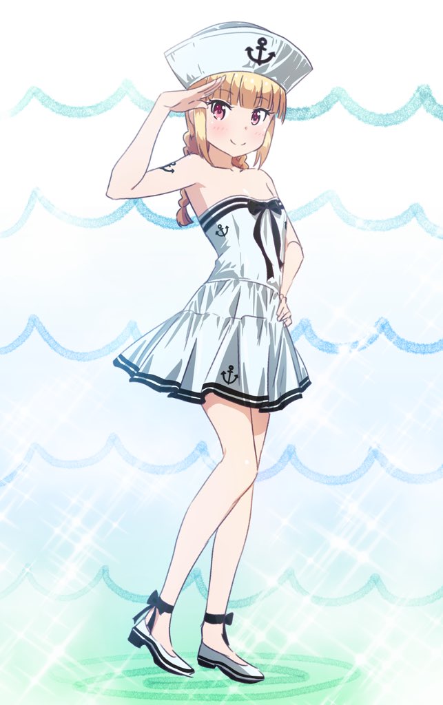 1girl anchor_print anchor_tattoo ankle_ribbon black_ribbon blonde_hair blush braid breasts collarbone dress eyebrows_visible_through_hair full_body hand_on_hip hat iijima_yun long_hair looking_at_viewer new_game! pink_x pleated_dress red_eyes ribbon salute shiny shiny_skin shoes short_dress sleeveless sleeveless_dress small_breasts smile solo sparkle standing strapless strapless_dress twin_braids twintails white_background white_dress