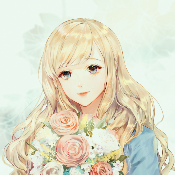 1girl bangs blonde_hair blue_eyes blue_shirt bouquet closed_mouth commentary_request eyebrows_visible_through_hair flower head_tilt light_smile long_hair looking_at_viewer original pink_flower say_hana shirt solo white_footwear