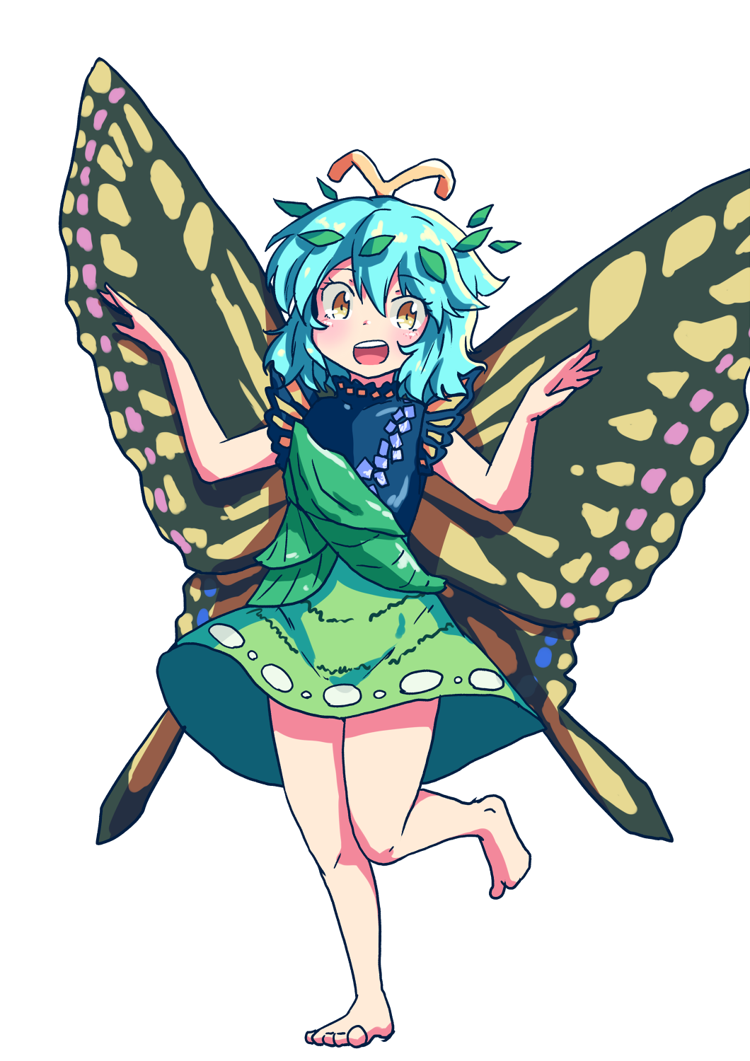 1girl :d barefoot blue_hair brown_eyes butterfly_wings dress eternity_larva highres looking_at_viewer open_mouth short_hair smile sokutenkun solo standing standing_on_one_leg thighs toes touhou wings