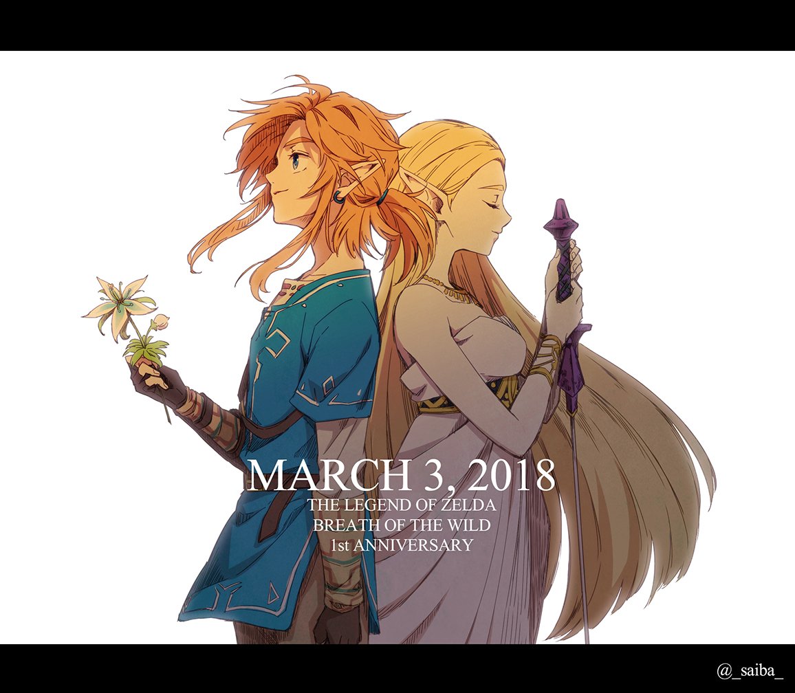 1boy 1girl blonde_hair blue_eyes dress earrings jewelry link long_hair master_sword pointy_ears ponytail princess_zelda saiba_(henrietta) smile sword the_legend_of_zelda the_legend_of_zelda:_breath_of_the_wild weapon white_background