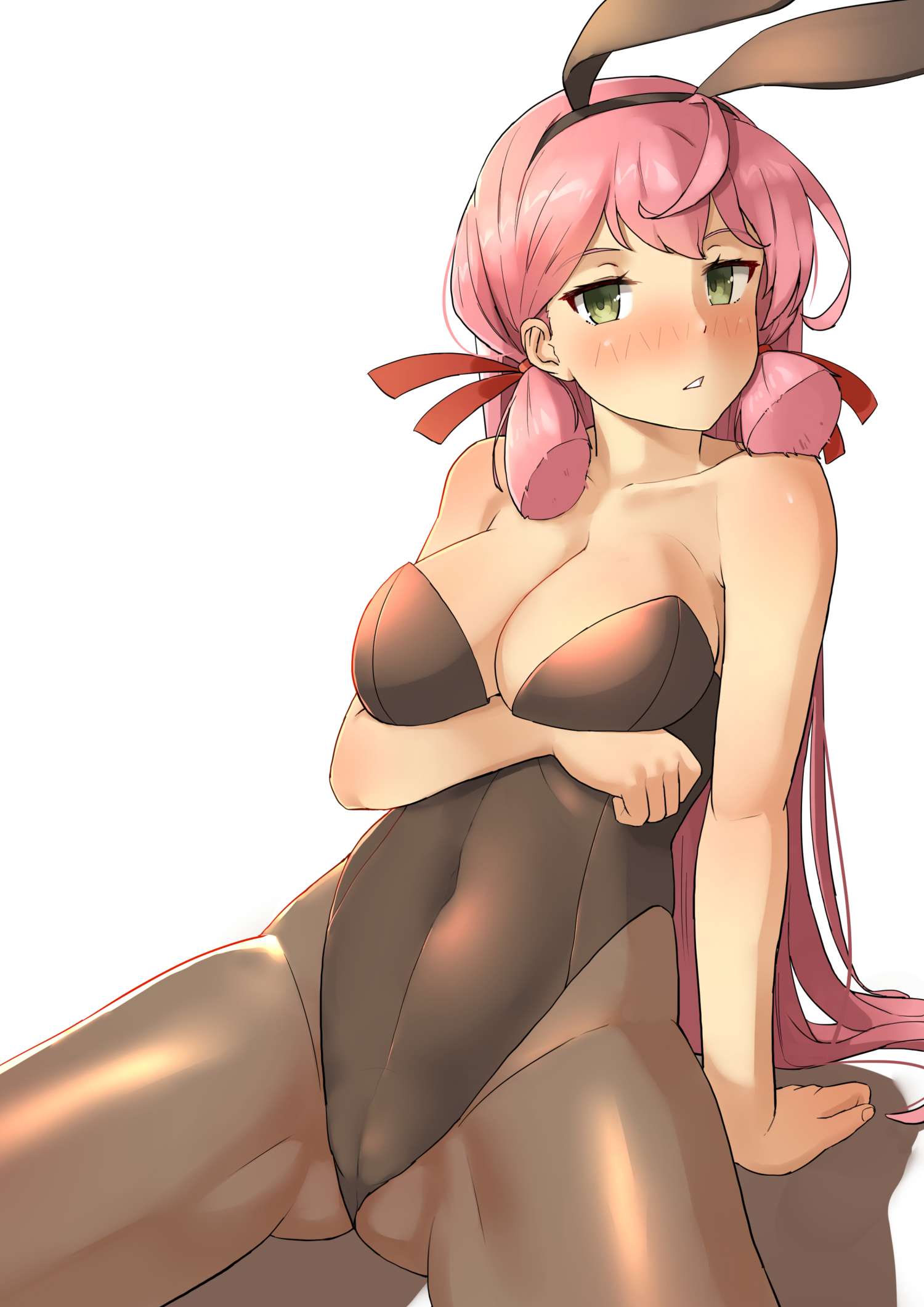 1girl akashi_(kantai_collection) alternate_costume animal_ears arm_support bare_arms bare_shoulders black_hairband black_legwear black_leotard blush breast_hold breasts bunnysuit collarbone cowboy_shot detached_collar gluteal_fold green_eyes hair_ribbon hairband highres kantai_collection leaning_back leotard long_hair looking_at_viewer nose_blush pantyhose parted_lips pink_hair rabbit_ears red_ribbon revision ribbon simple_background sitting soil_chopsticks solo straight_hair strapless strapless_leotard tress_ribbon very_long_hair white_background