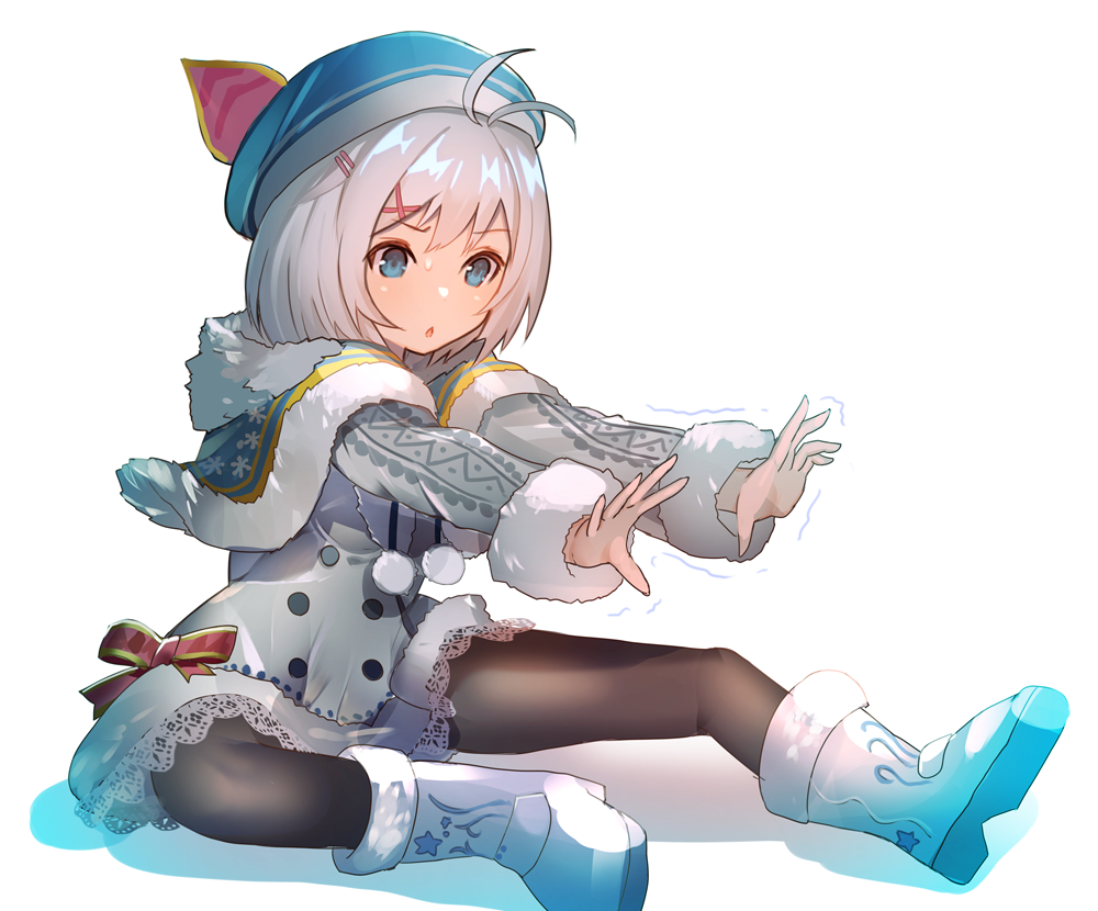 1girl antenna_hair bangs black_legwear blue_capelet blue_eyes blue_hat blush capelet chestnut_mouth commentary_request dennou_shoujo_youtuber_shiro eyebrows_visible_through_hair full_body fur-trimmed_boots fur-trimmed_capelet fur-trimmed_sleeves fur_trim grey_coat hair_between_eyes hair_ornament hairclip hat outstretched_arms pantyhose parted_lips rk_(rktorinegi) shiro_(dennou_shoujo_youtuber_shiro) silver_hair sitting solo white_background white_footwear x_hair_ornament