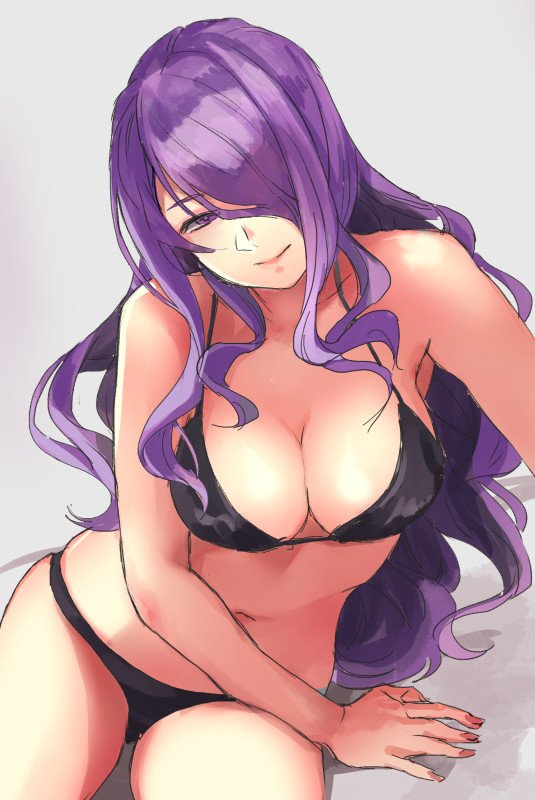 1girl black_panties breasts camilla_(fire_emblem_if) cleavage fire_emblem fire_emblem_if hair_over_one_eye hashiko_(neleven) large_breasts lips long_hair navel panties purple_hair solo tiara underwear very_long_hair violet_eyes wavy_hair white_background