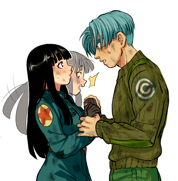 1boy 1girl :o black_eyes black_hair blue_eyes blue_hair blush capsule_corp coat couple dirty dirty_clothes dirty_face dragon_ball dragon_ball_super embarrassed expressionless eye_contact eyebrows_visible_through_hair gloves green_shirt hand_holding hands_together hetero long_hair long_sleeves looking_at_another mai_(dragon_ball) pants shirt short_hair simple_background standing surprised sweat sweatdrop transparent_background trunks_(dragon_ball)