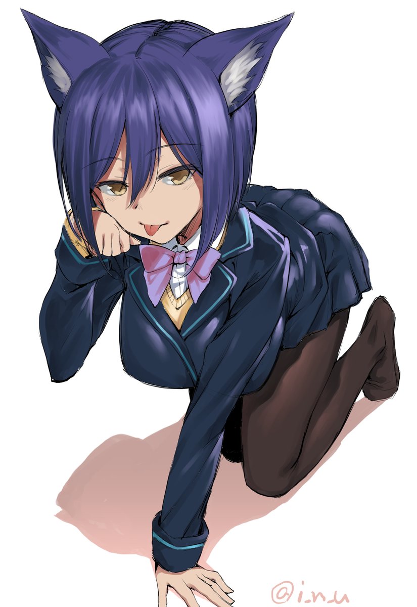 1girl :p all_fours animal_ears arm_support black_legwear blazer bow bowtie breasts cat_ears highres inu_(aerodog) jacket licking_lips looking_at_viewer pantyhose paw_pose pleated_skirt school_uniform shizuka_rin short_hair simple_background skirt smile solo tongue tongue_out virtual_youtuber white_background yellow_eyes