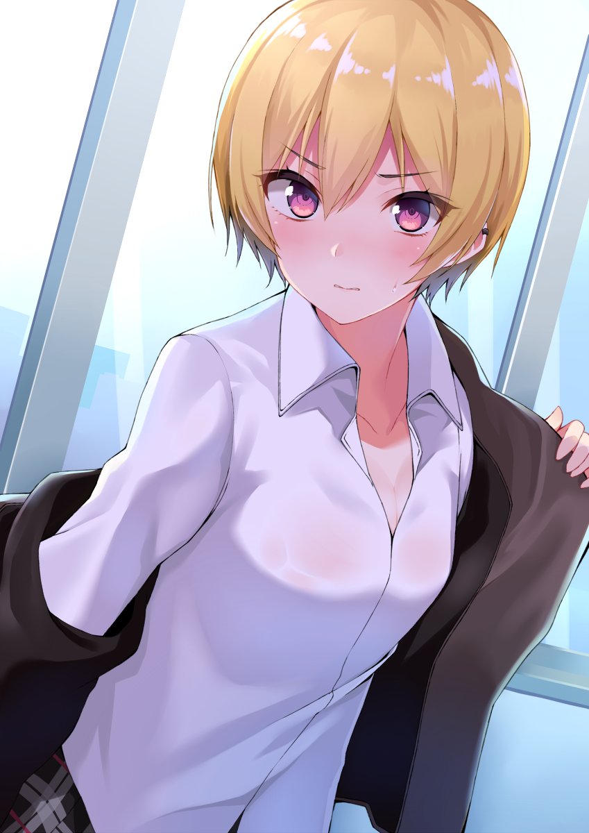 1girl bangs blonde_hair blush breasts brown_jacket cleavage collarbone collared_shirt dutch_angle gomashi_(goma) highres idolmaster idolmaster_shiny_colors indoors jacket looking_at_viewer nose_blush open_clothes open_jacket parted_lips pink_eyes plaid plaid_skirt saijou_juri see-through shiny shiny_hair shirt short_hair skirt small_breasts solo sweatdrop undressing upper_body v-shaped_eyebrows white_shirt window wing_collar