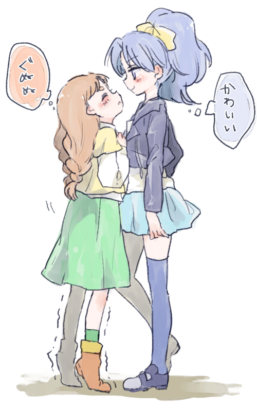 2girls arisugawa_himari blue_eyes blue_hair blue_skirt blush braid brown_hair closed_eyes closed_mouth commentary_request eyebrows_visible_through_hair from_side height_difference incoming_kiss jacket kirakira_precure_a_la_mode long_hair long_sleeves miniskirt multiple_girls ponytail precure profile prussian_blue shirt short_hair simple_background skirt smile standing tategami_aoi thigh-highs tiptoes twin_braids white_background yuri