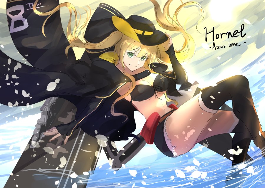 1girl azur_lane black_bikini_top black_cape black_footwear black_gloves black_hat black_legwear black_shorts blonde_hair boots breasts cape character_name cleavage commentary_request copyright_name cowboy_hat dutch_angle elbow_gloves fingerless_gloves flight_deck floating_hair front-tie_bikini front-tie_top gloves green_eyes hand_on_own_headwear hat hornet_(azur_lane) koroneko_p0w0q ocean outdoors outstretched_arm rigging short_shorts shorts sketch smile solo standing standing_on_liquid sunlight thigh-highs twintails