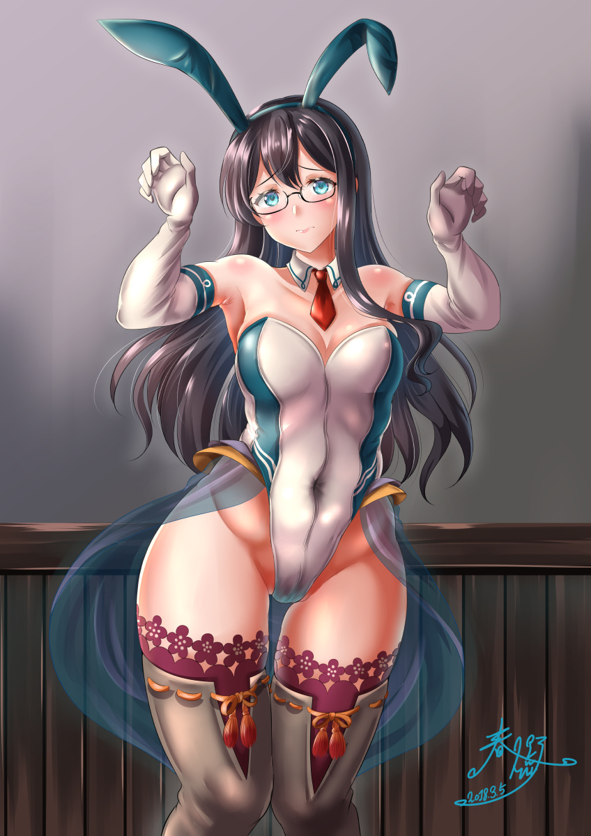 1girl adapted_costume animal_ears armpits black_hair blue_eyes boots breasts bunny_girl bunnysuit dated detached_collar detached_sleeves fake_animal_ears highleg highres kantai_collection kasugano_tobari lace lace-trimmed_thighhighs leotard lips long_hair looking_at_viewer medium_breasts ooyodo_(kantai_collection) purple_legwear rabbit_ears red_neckwear showgirl_skirt signature smile solo thigh-highs white_leotard wrist_cuffs