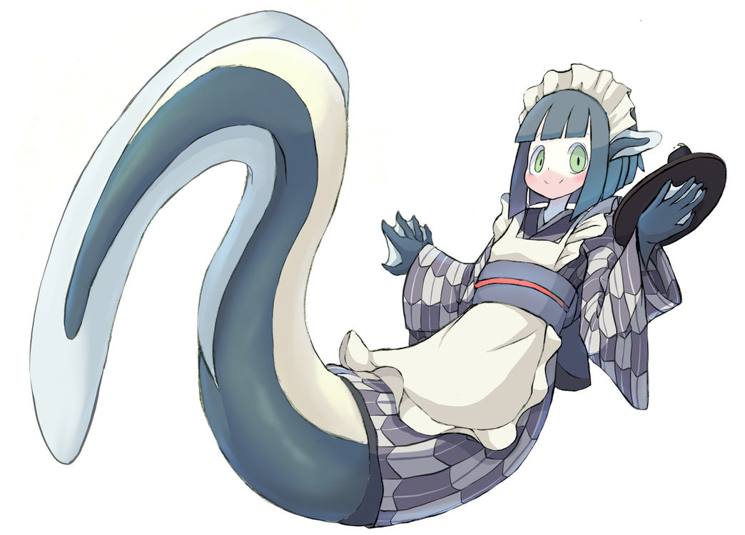 1girl 4139 apron blush eel_girl fins green_eyes green_hair head_fins looking_at_viewer maid_headdress mermaid monster_girl original smile tray webbed_hands white_background wide_sleeves