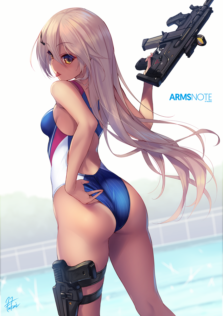 1girl :q adjusting_clothes adjusting_swimsuit arms_note artist_name ass back_cutout bangs bare_arms bare_shoulders blonde_hair blue_swimsuit breasts competition_swimsuit copyright_name dutch_angle eyebrows_visible_through_hair fence from_behind fukai_ryousuke gun hair_between_eyes hair_ornament highleg highleg_swimsuit highres holding holding_gun holding_weapon long_hair looking_back one-piece_swimsuit orange_eyes pool poolside signature small_breasts solo striped swimsuit tan tanline thigh_strap thighs tongue tongue_out vertical_stripes very_long_hair water weapon