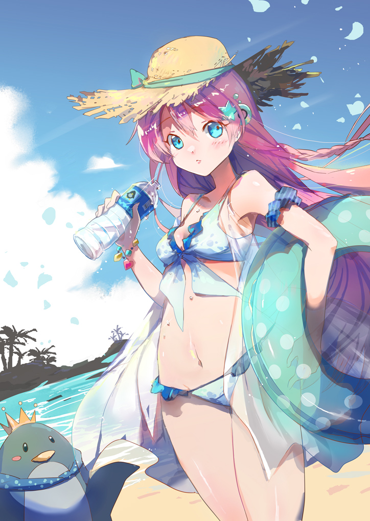 1girl bangs bare_shoulders bikini bird blue_bikini blue_eyes blue_sky blush bottle closed_mouth clouds commentary_request crown day eyebrows_visible_through_hair hair_between_eyes hair_ornament hat holding holding_bottle innertube long_hair looking_at_viewer moe2018 navel original outdoors penguin polka_dot purple_hair see-through shadowsinking shirt sky sleeveless sleeveless_shirt solo standing straw_hat swimsuit transparent very_long_hair water_bottle