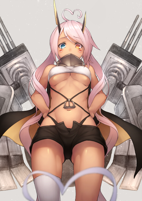 1girl ahoge anchor asymmetrical_horns azur_lane bangs bare_arms bare_shoulders black_gloves black_shorts blue_eyes blush breasts collar crop_top crop_top_overhang facial_mark fingerless_gloves from_below gloves gluteal_fold grey_background hands_on_hips heart_ahoge heterochromia horns indianapolis_(zhan_jian_shao_nyu) kyoeiki legs_apart long_hair looking_at_viewer looking_down machinery medium_breasts navel open_fly orange_eyes pink_hair shorts simple_background single_thighhigh solo stomach swept_bangs thigh-highs thighs turret twintails under_boob very_long_hair white_legwear