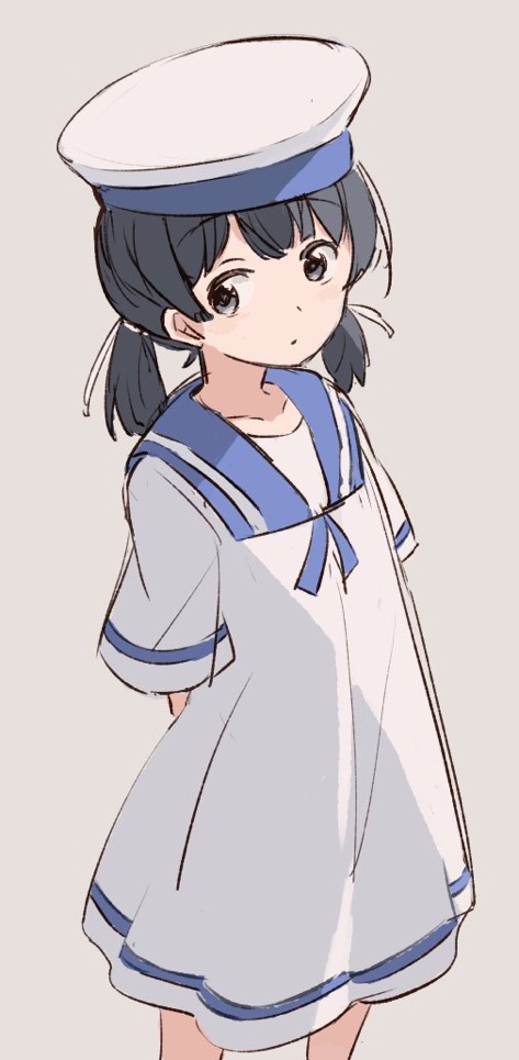 1girl arms_behind_back bangs black_eyes black_hair blue_sailor_collar blunt_bangs blush collarbone dress eyebrows_visible_through_hair feet_out_of_frame grey_background hat hiburi_(kantai_collection) kantai_collection looking_at_viewer low_twintails sailor_collar sailor_dress sailor_hat short_hair short_sleeves short_twintails simple_background solo standing takamachiya tareme twintails white_dress white_hat