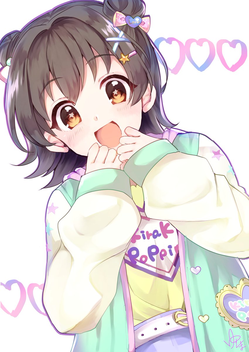 1girl :d akagi_miria brown_eyes brown_hair commentary_request double_bun hair_ornament hairclip heart highres hood hoodie idolmaster idolmaster_cinderella_girls idolmaster_cinderella_girls_starlight_stage image_sample open_mouth short_hair smile star star-shaped_pupils symbol-shaped_pupils twitter_sample yushima