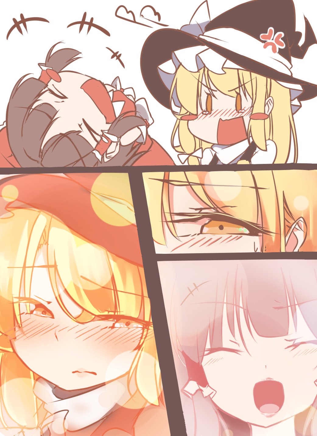 &gt;_&lt; +++ 2girls :d anger_vein angry arm_hug bare_shoulders blonde_hair blouse blush blush_stickers bow brown_hair chocolate_hair close-up d: detached_sleeves frown gokuu_(acoloredpencil) hair_bow hair_tubes hakurei_reimu hat highres kirisame_marisa large_bow laughing looking_to_the_side medium_hair multiple_girls open_mouth ponytail prank red_eyes smile squinting sweat tearing_up tears touhou turtleneck upset v-shaped_eyebrows vest witch_hat xd yellow_eyes yuri