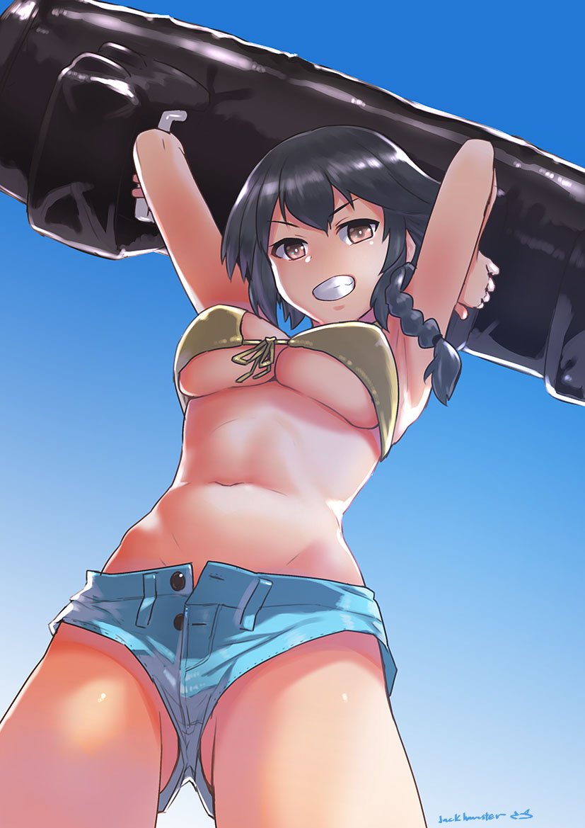 1girl armpits arms_up bangs braid breasts brown_eyes girls_und_panzer jack_hamster looking_at_viewer navel pepperoni_(girls_und_panzer) short_hair short_shorts shorts side_braid solo swimsuit under_boob