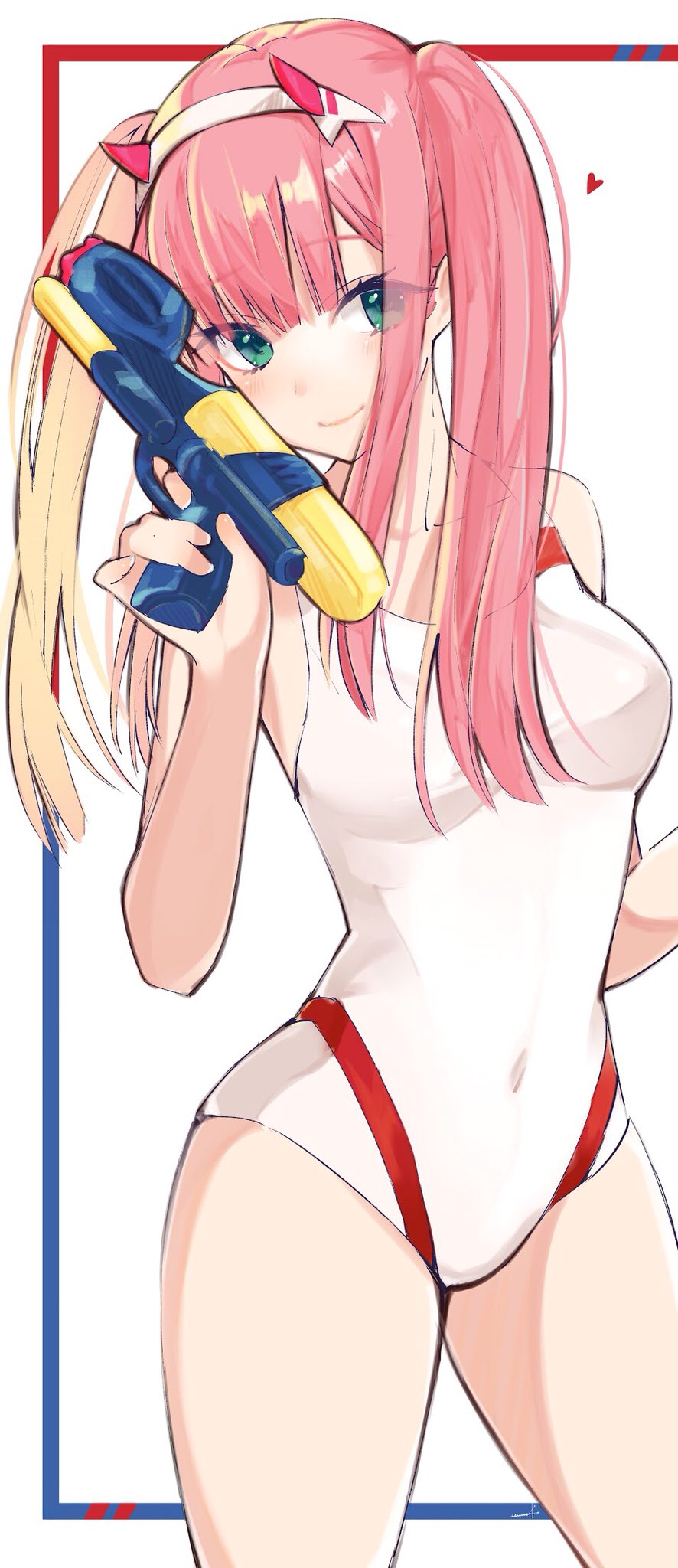1girl alternate_hairstyle bangs bare_arms bare_shoulders blonde_hair blunt_bangs blush breasts closed_mouth competition_swimsuit covered_navel cowboy_shot darling_in_the_franxx eyebrows_visible_through_hair eyes_visible_through_hair hairband head_tilt heart highres horns legs_apart lips long_hair looking_at_viewer medium_breasts multicolored_hair one-piece_swimsuit shiny shiny_hair sidelocks smile solo standing swimsuit thighs twintails two-tone_hair utayoi_(umakatare) water_gun white_background white_hairband white_swimsuit zero_two_(darling_in_the_franxx)