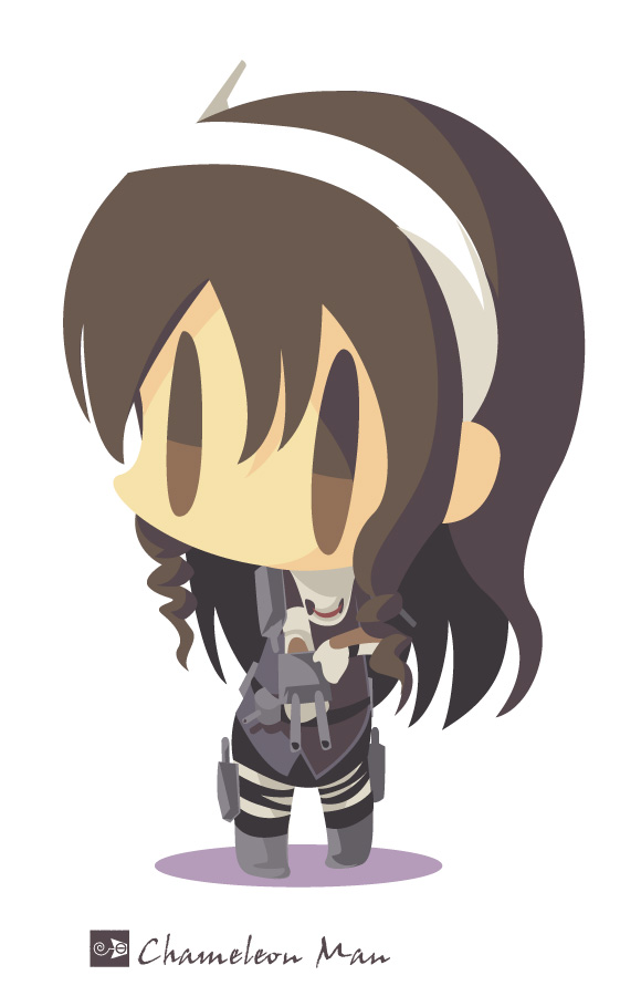 1girl artist_name ashigara_(kantai_collection) brown_eyes brown_hair cannon chameleon_man_(three) chibi full_body hairband kantai_collection long_hair no_mouth simple_background solo standing white_background
