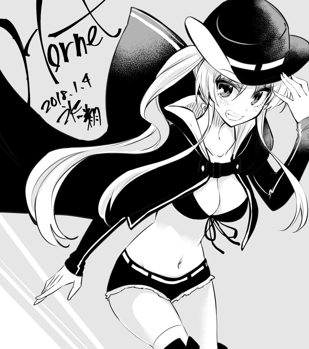 1girl artist_name azur_lane bikini_top blush breasts cape character_name cleavage collarbone commentary_request cowboy_hat dated floating_hair front-tie_top greyscale grin hand_on_own_headwear hat hikawa_shou hornet_(azur_lane) large_breasts long_hair looking_at_viewer midriff monochrome navel outstretched_arm short_shorts shorts signature smile solo thigh-highs twintails very_long_hair