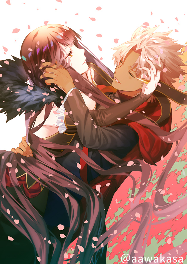 1boy 1girl amakusa_shirou_(fate) bare_shoulders black_dress black_hair black_shirt brown_eyes cape closed_eyes commentary_request dark_skin detached_sleeves dress fate/apocrypha fate_(series) fur_trim hand_in_another's_hair long_hair long_sleeves parted_lips petals red_cape ryuuki_(hydrangea) semiramis_(fate) shirt silver_hair sleeveless sleeveless_dress sleeves_past_wrists spikes twitter_username very_long_hair