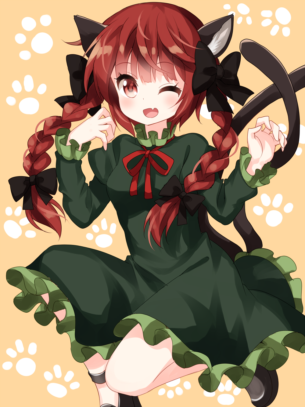 1girl ;d animal_ears black_bow black_footwear blush bow braid breasts cat_ears cat_tail claw_pose commentary_request dress eyebrows_visible_through_hair eyes_visible_through_hair fang frilled_dress frills green_dress hair_bow highres juliet_sleeves kaenbyou_rin long_hair long_sleeves looking_at_viewer medium_breasts multiple_tails neck_ribbon nekomata one_eye_closed open_mouth orange_background paw_background paw_print puffy_sleeves red_eyes red_neckwear red_ribbon redhead ribbon ruu_(tksymkw) short_hair simple_background smile solo tail touhou twin_braids twintails two_tails