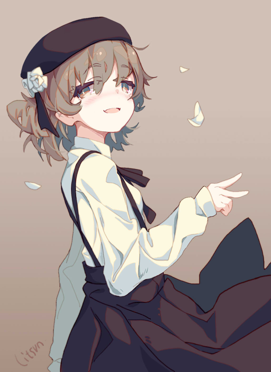 1girl artist_name beret black_skirt blouse brown_eyes brown_hair fang from_side hand_up hat hatoba_tsugu highres litsvn looking_at_viewer open_mouth petals pleated_skirt short_hair signature skirt smile solo suspender_skirt suspenders tsugu_hatoba v white_blouse