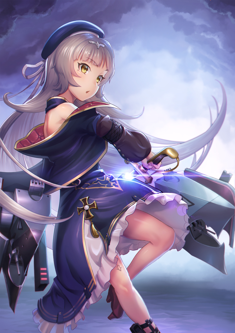 1girl azur_lane bangs bare_shoulders beret blue_dress blue_hat blue_jacket brown_eyes brown_footwear cannon clouds cloudy_sky commentary_request dress eyebrows_visible_through_hair glowing hair_ornament hat high_heels highres holding holding_sword holding_weapon iron_cross jacket light_brown_hair long_hair long_sleeves looking_away machinery mole mole_under_eye momoto parted_lips sheath sky solo standing standing_on_one_leg sword turret unsheathing very_long_hair weapon z46_(azur_lane)