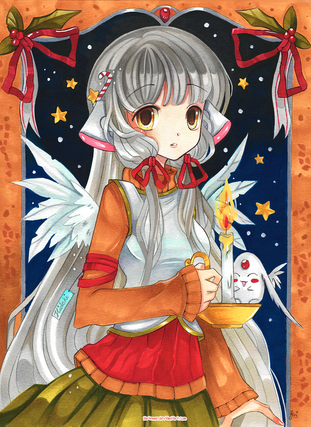 1girl alternate_costume bangs blunt_bangs blush_stickers breasts candle candy candy_cane candy_cane_hair_ornament chii chobits christmas closed_eyes commentary cowboy_shot creature fire food food_themed_hair_ornament green_skirt hair_ornament hair_ribbon happy highres holding larienne long_hair looking_at_viewer magic_knight_rayearth medium_breasts mokona night night_sky parted_lips red_ribbon ribbon signature skirt sky sleeves_past_wrists solo_focus star star_(sky) star_hair_ornament starry_sky sweater turtleneck turtleneck_sweater watermark web_address white_hair yellow_eyes