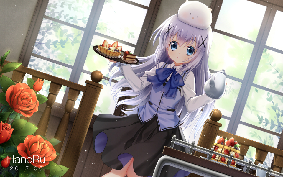 1girl angora_rabbit animal animal_on_head artist_name bangs black_hair black_legwear blue_bow blue_eyes blue_vest blush bow cake coffee_pot commentary_request day dutch_angle eyebrows_visible_through_hair flower food fruit gochuumon_wa_usagi_desu_ka? hair_between_eyes hair_ornament haneru holding holding_tray indoors kafuu_chino long_hair long_sleeves looking_at_viewer on_head parted_lips purple_hair rabbit rabbit_house_uniform red_flower red_rose rose shirt sidelocks slice_of_cake strawberry sunlight tippy_(gochiusa) tray uniform very_long_hair vest waitress white_shirt window x_hair_ornament