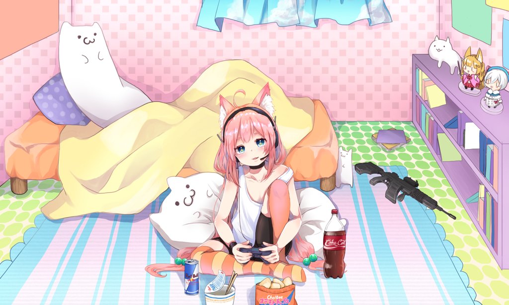 1girl assault_rifle bag_of_chips bangs bare_shoulders bed bike_shorts black_choker black_shorts blue_eyes blush chips choker chopsticks cola collarbone commentary_request controller curtains dennou_shoujo_youtuber_shiro energy_drink eyebrows_visible_through_hair food game_controller gun hair_bobbles hair_ornament head_tilt headphones headset hinata_channel holding indoors kemomimi_vr_channel long_hair looking_at_viewer low_twintails mikoko_(kemomimi_vr_channel) mismatched_legwear nekomiya_hinata orange_legwear parted_lips pillow pink_hair polka_dot polka_dot_pillow potato_chips ramen red_bull rifle shiro_(dennou_shoujo_youtuber_shiro) short_shorts shorts sitting soda_bottle solo strap_slip striped striped_legwear tank_top thigh-highs twintails very_long_hair weapon weapon_request white_tank_top yoshinoalice2