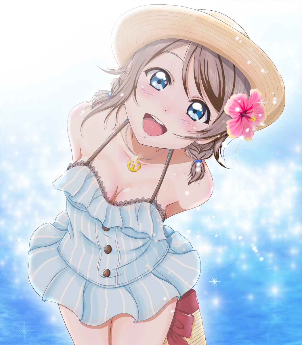 1girl :d anchor_necklace arms_behind_back backlighting bag bare_shoulders blue_dress blue_eyes blurry blurry_background blush breasts brown_hat cleavage collarbone cowboy_shot depth_of_field dress flower from_above h.i.t_(59-18-45) hair_flower hair_ornament hair_tie hat hibiscus highres jewelry leaning_forward looking_at_viewer looking_up love_live! love_live!_sunshine!! low_twintails medium_breasts necklace open_mouth pendant pink_flower round_teeth short_hair sleeveless sleeveless_dress smile solo standing striped sun_hat sundress teeth twintails vertical-striped_dress vertical_stripes watanabe_you