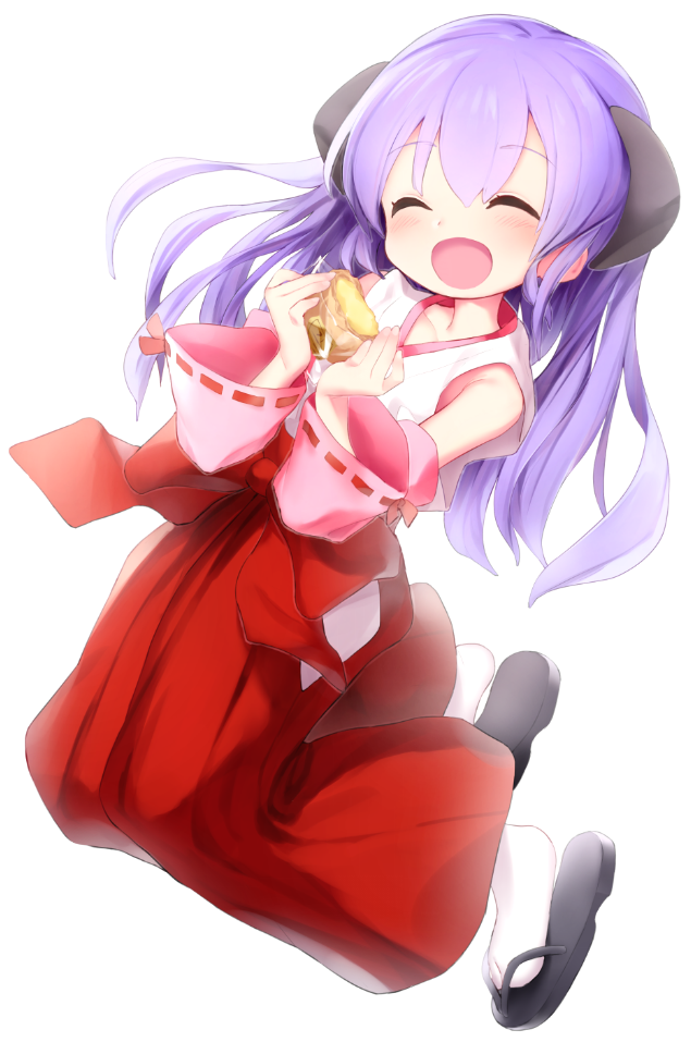 1girl :d ^_^ black_footwear blush closed_eyes collarbone commentary_request detached_sleeves food fueru_nattou full_body hakama hanyuu higurashi_no_naku_koro_ni holding holding_food horns japanese_clothes long_hair long_sleeves miko open_mouth purple_hair red_hakama ribbon-trimmed_sleeves ribbon_trim simple_background smile socks solo tabi very_long_hair white_background white_legwear zouri