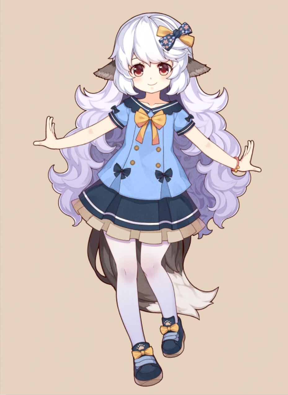 1girl animal_ears big_hair blue_footwear blue_shirt blue_skirt blush bracelet breasts brown_background closed_mouth collarbone curly_hair highres jewelry long_hair original outstretched_arms pantyhose pleated_skirt red_eyes shirt shoes short_sleeves silver_hair simple_background skirt small_breasts smile solo standing standing_on_one_leg tail tsubasa_tsubasa very_long_hair white_legwear