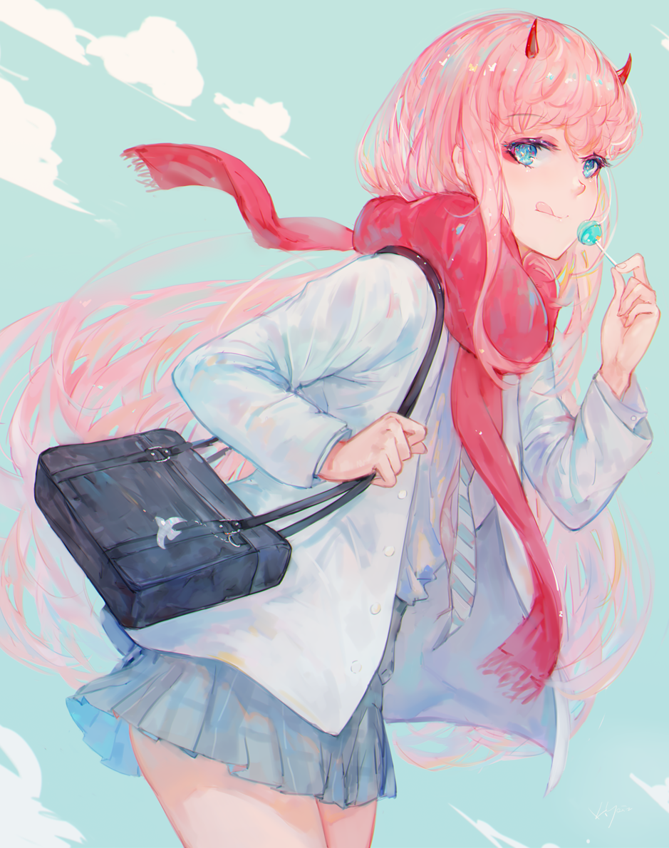 1girl :q bag bag_charm bangs blue_sky blush charm_(object) closed_mouth clouds cowboy_shot darling_in_the_franxx day eyebrows_visible_through_hair food from_side grey_skirt handbag holding holding_food horns jacket kisei2 leaning_forward lollipop_chainsaw long_sleeves looking_at_viewer miniskirt necktie no_hairband open_clothes open_jacket outdoors pleated_skirt red_scarf scarf shiny shiny_hair shirt shoulder_bag skirt sky smile solo standing striped_neckwear tongue tongue_out unbuttoned white_jacket white_shirt zero_two_(darling_in_the_franxx)